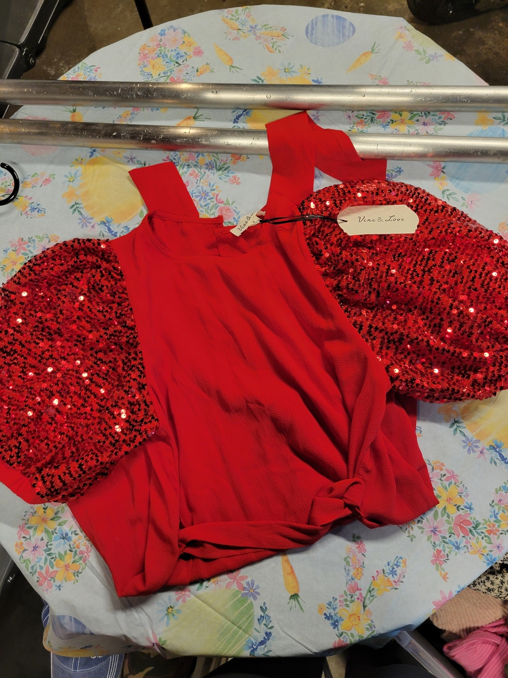 Vine & Love Red Sequin Puff-Sleeve Long Sleeve Dress